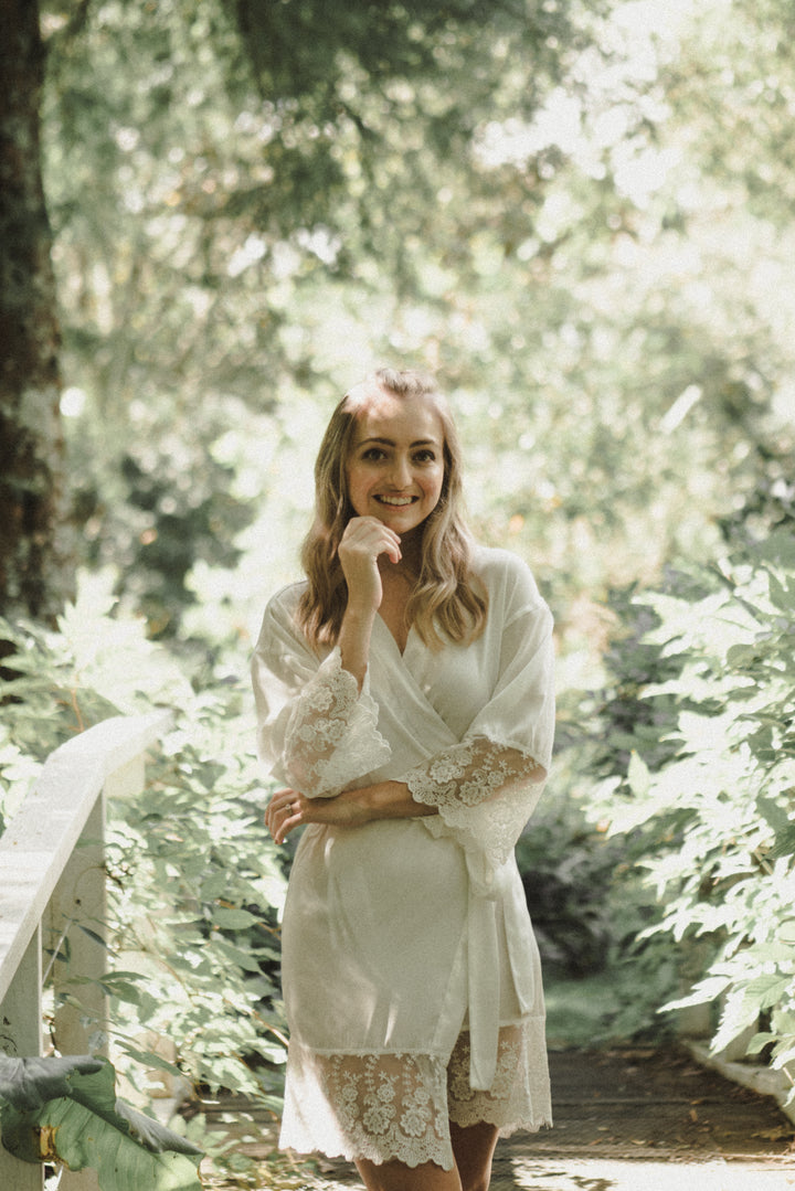 Bride wearing Lily white lace satin bridal robe