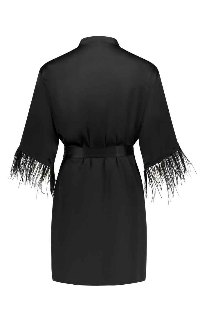 Emmy Satin Feather Robe - Black