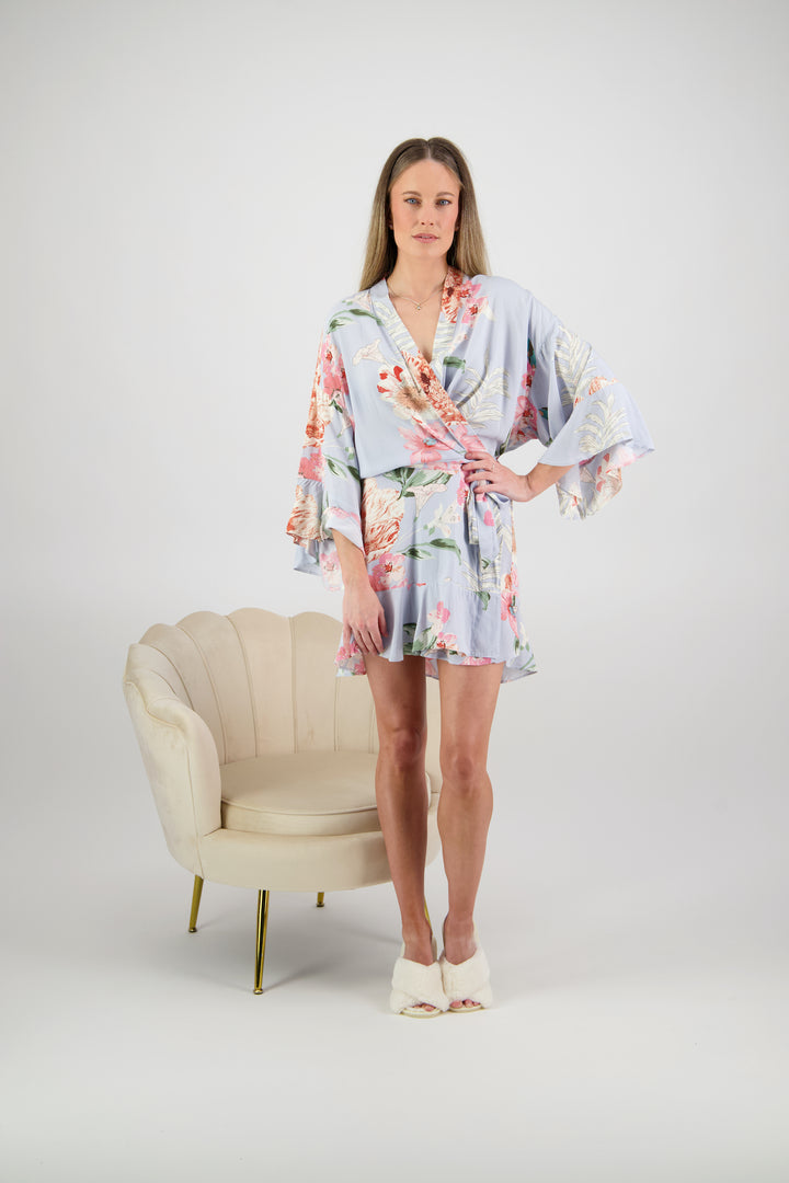 Amelia Cotton Floral Robe - Baby Blue