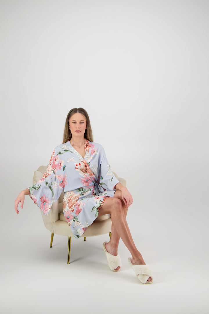 Amelia Cotton Floral Robe - Baby Blue