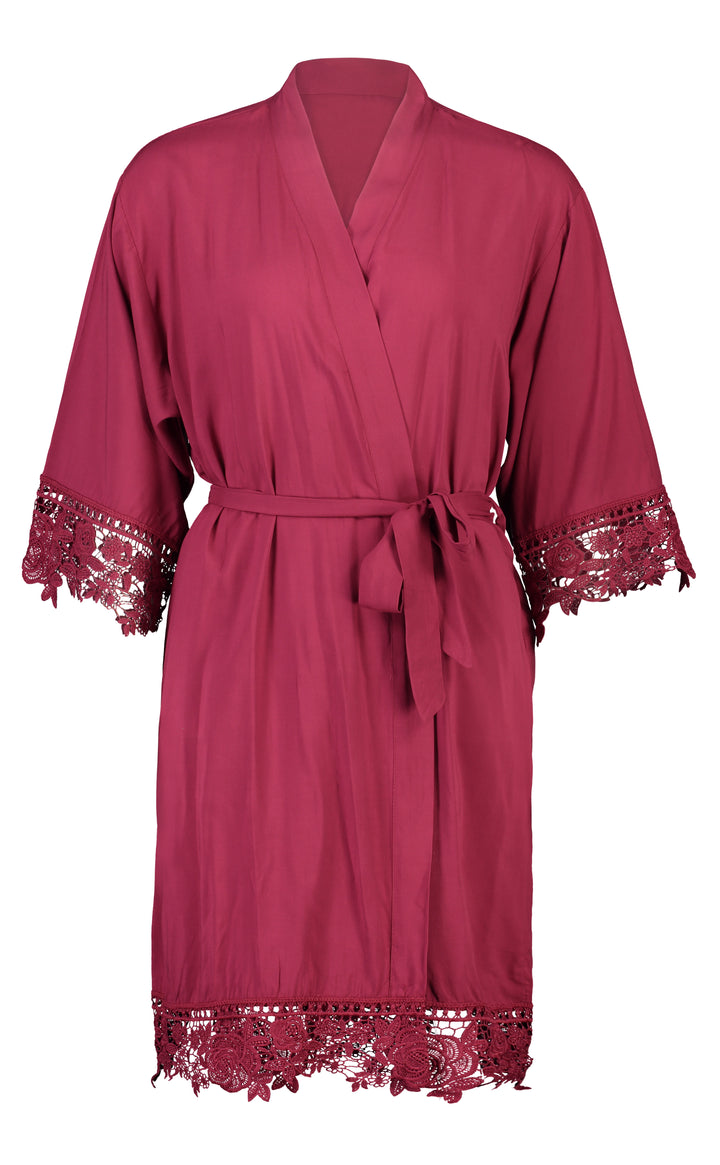 Olivia Cotton Lace Robe - Burgundy