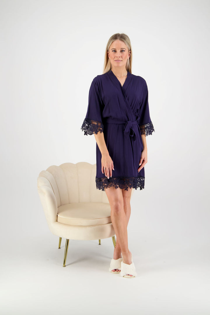 Olivia Cotton Lace Robe - Navy