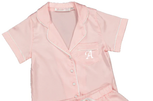 Sienna Mini Short PJ Set - Blush Pink/White - Size 6 - Embroidery A On Pocket