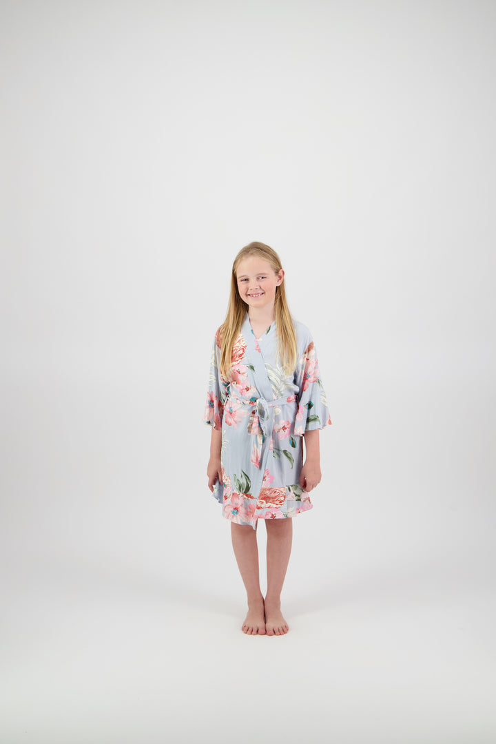 Amelia Floral Cotton Flower Girl Robe - Baby Blue